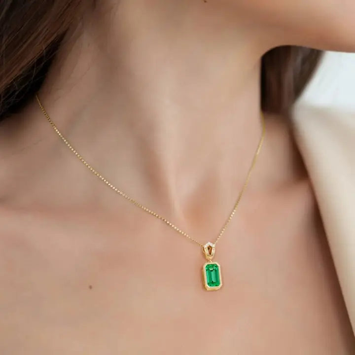 4Ct Emerald Cut Colombian Emerald Diamond Bezel Pendant 14k