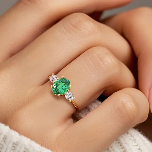 14k Solid Gold 1.25 Ct Oval Colombian Emerald & Diamond Ring