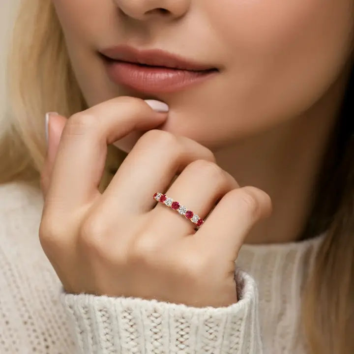 14k Gold 1.25Ctw Round Ruby & Diamond 9-Stone Ring