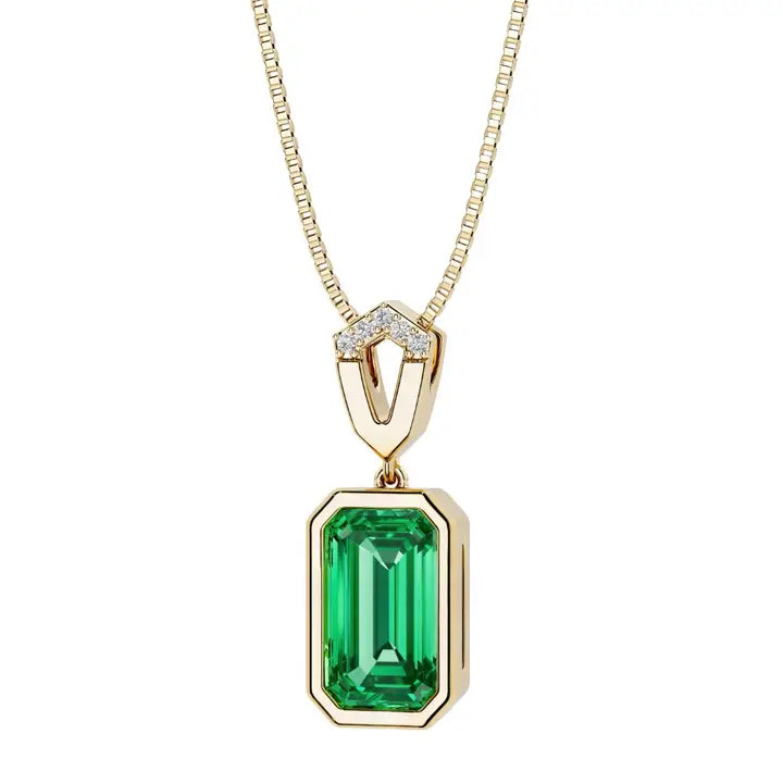 4Ct Emerald Cut Colombian Emerald Diamond Bezel Pendant 14k