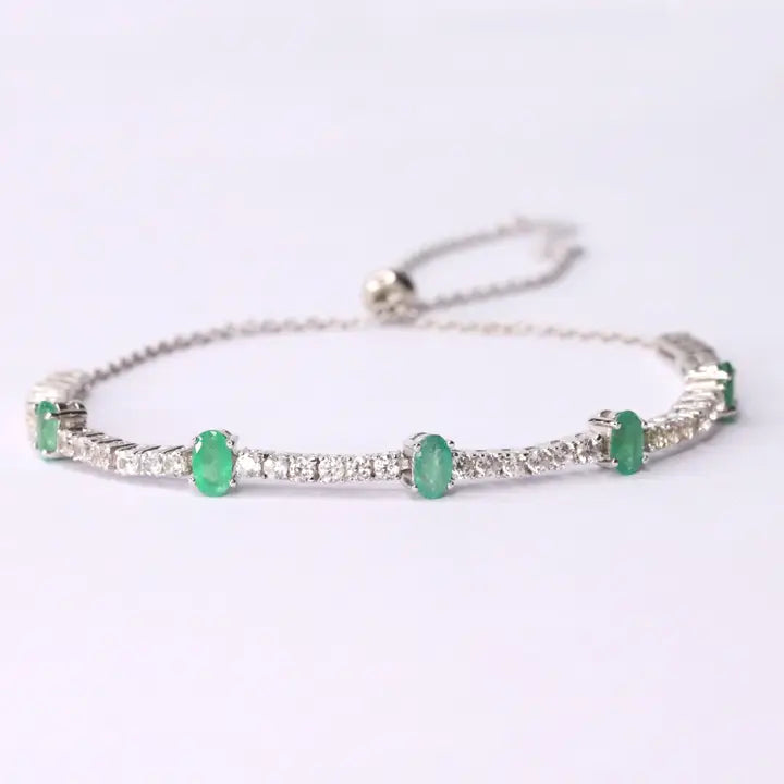 925 Sterling Silver Natural Emerald & White Zircon Bracele