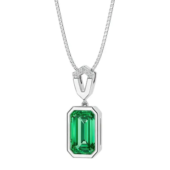 4Ct Emerald Cut Colombian Emerald Diamond Bezel Pendant 14k