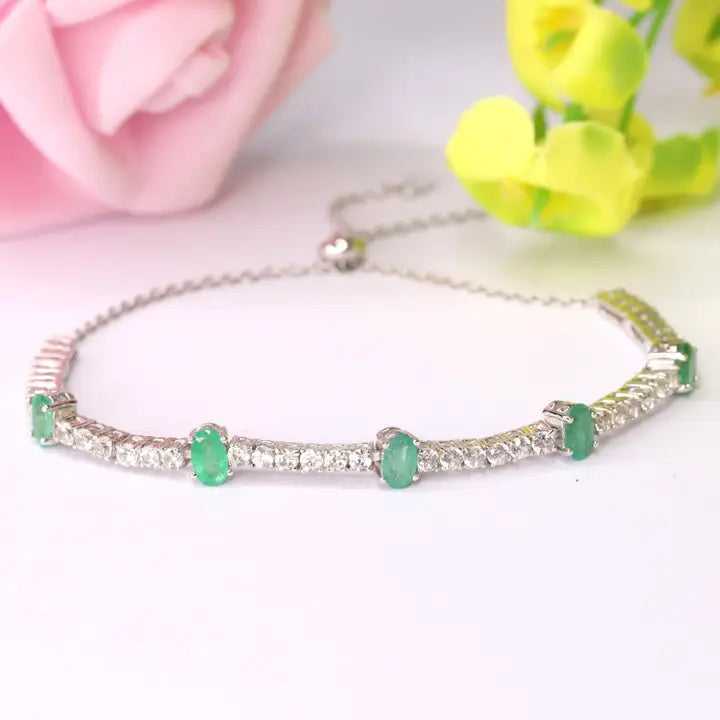 925 Sterling Silver Natural Emerald & White Zircon Bracele