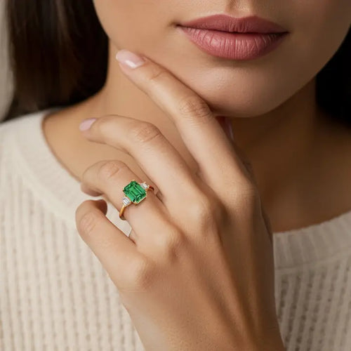 14k Gold Antique Emerald Cut Colombian Emerald, Diamond Ring