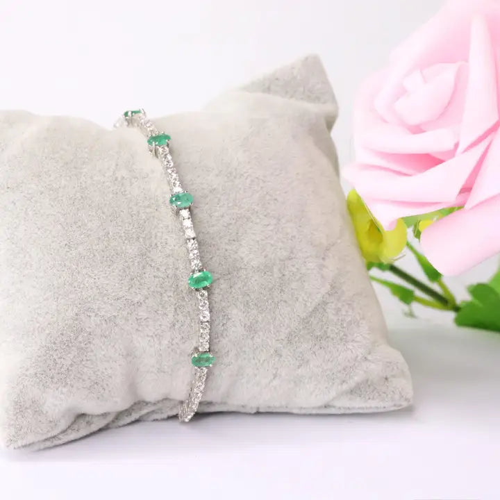 925 Sterling Silver Natural Emerald & White Zircon Bracele